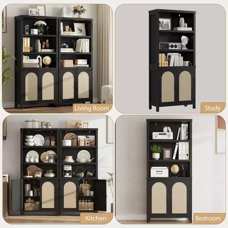 Libreria Alta a 5 Ripiani con Ante, Armadietto e Libreria per Soggiorno o Ufficio, Scaffali in Legno con Design in Rattan