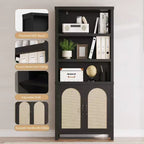 Libreria Alta a 5 Ripiani con Ante, Armadietto e Libreria per Soggiorno o Ufficio, Scaffali in Legno con Design in Rattan