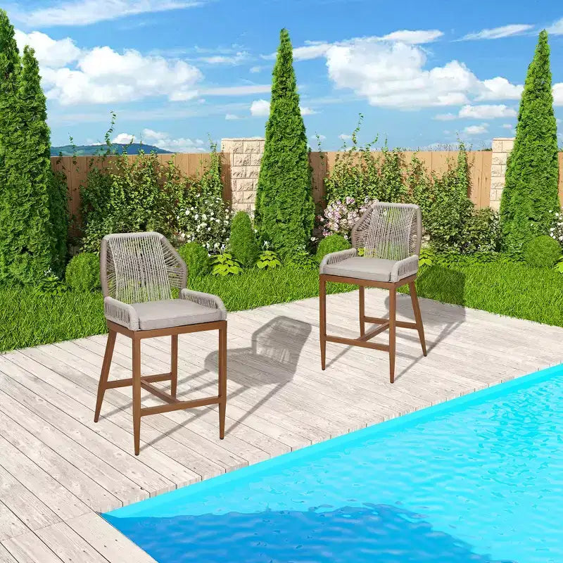 GustoWave Sgabelli da Bar Altezza Bancone Set da 2, Sgabelli da Bar Altezza Bancone in Corda Boho, Sgabelli da Bar Moderni in Alluminio Intrecciato in Rattan con Schienale e Braccioli
