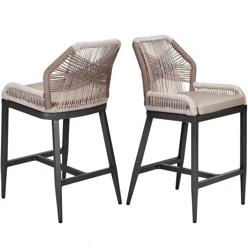 GustoWave Sgabelli da Bar Altezza Bancone Set da 2, Sgabelli da Bar Altezza Bancone in Corda Boho, Sgabelli da Bar Moderni in Alluminio Intrecciato in Rattan con Schienale e Braccioli
