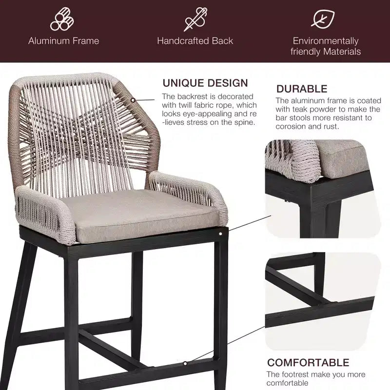 GustoWave Sgabelli da Bar Altezza Bancone Set da 2, Sgabelli da Bar Altezza Bancone in Corda Boho, Sgabelli da Bar Moderni in Alluminio Intrecciato in Rattan con Schienale e Braccioli