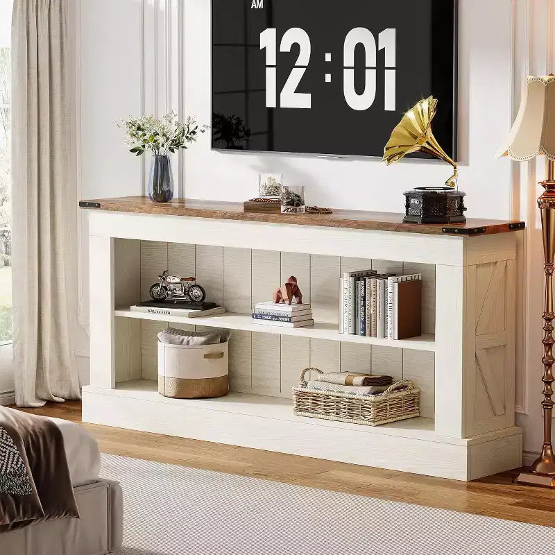 Mobile TV Lantine Farmhouse per TV da 70 pollici, mobile TV da 63 pollici con contenitore, tavolo console multimediale moderno per soggiorno, camera da letto (bianco)