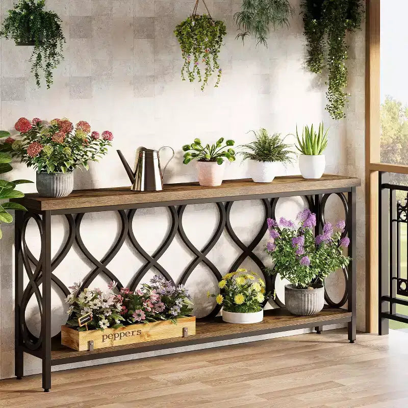 Lantine 70.9 Tavolo Consolle Industriale, Tavolo d'Appoggio a 2 Livelli per Soggiorno, Corridoio, Ingresso, Marrone Rustico