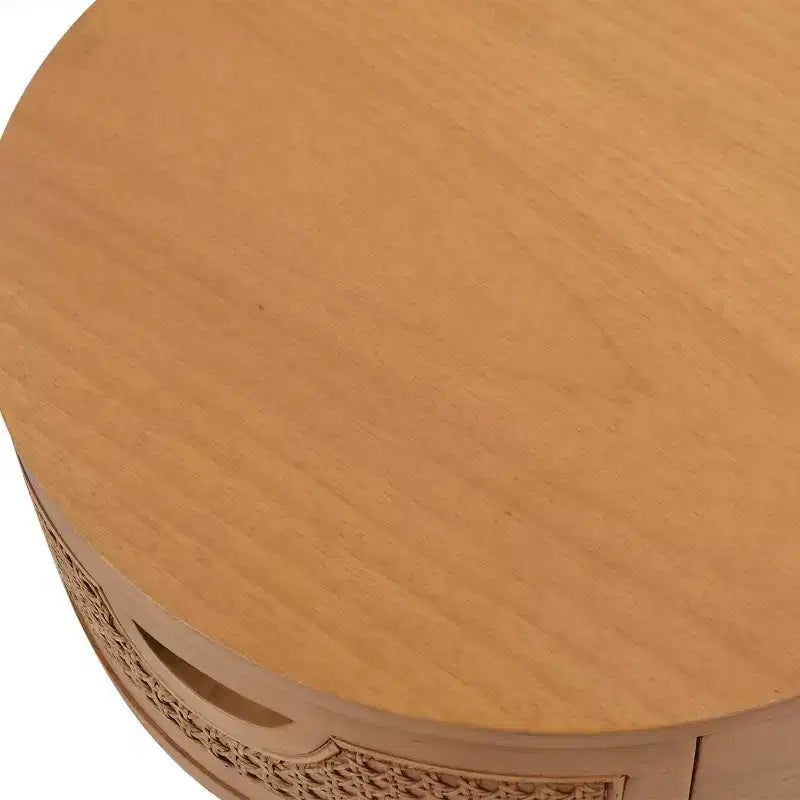 GDFStudio Rossville 18 Tavolino Rotondo con Cassetto in Rattan e Legno