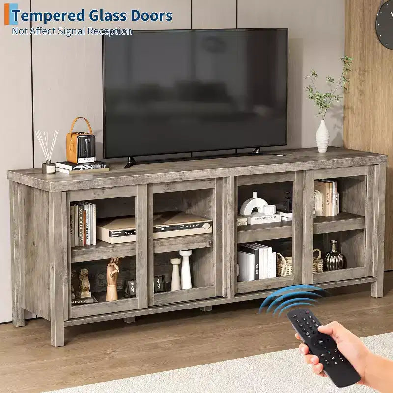 COZONY 62x23.6 Mobile TV per TV 65 Pollici, Centro Intrattenimento, Mobile Media Moderno con Armadietto, 4 Ante Scorrevoli in Vetro