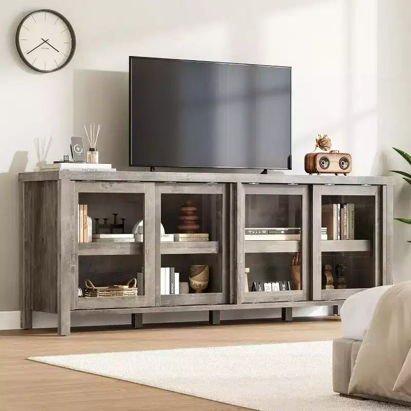 COZONY 62x23.6 Mobile TV per TV 65 Pollici, Centro Intrattenimento, Mobile Media Moderno con Armadietto, 4 Ante Scorrevoli in Vetro