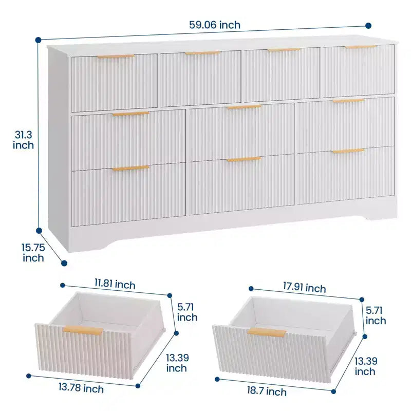 Cassettiera a 10 cassetti per camera da letto, cassettiera in legno da 149,86 cm con maniglie dorate, cassettiera grande scanalata, supporto TV, organizer per vestiti per camera da letto