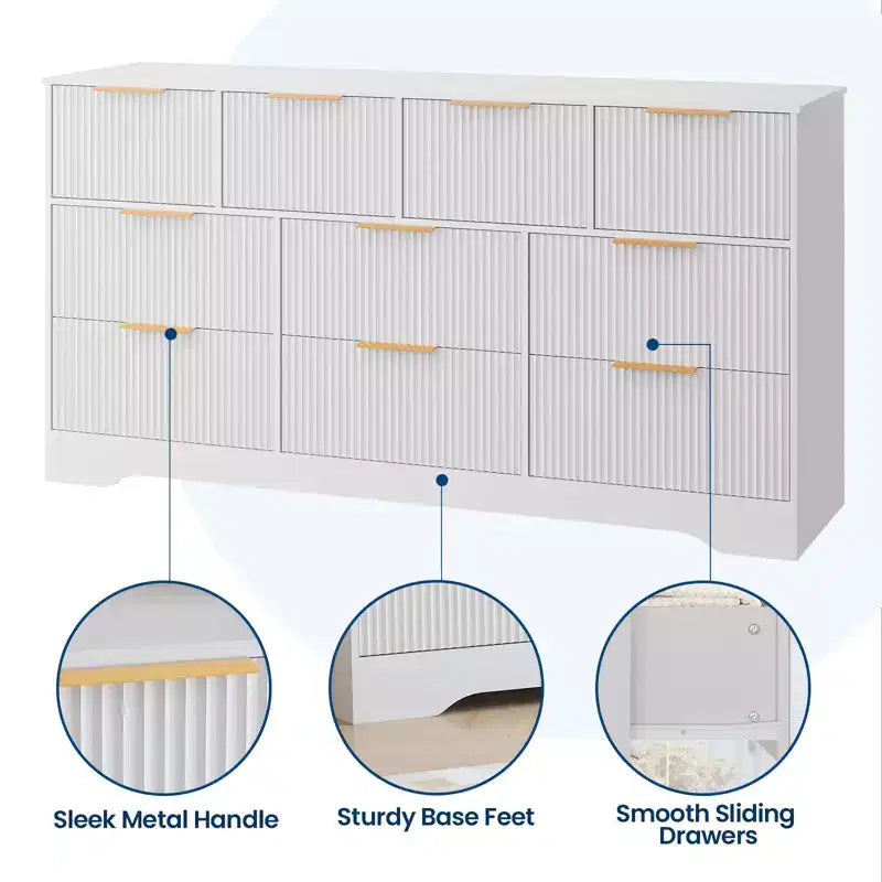 Cassettiera a 10 cassetti per camera da letto, cassettiera in legno da 149,86 cm con maniglie dorate, cassettiera grande scanalata, supporto TV, organizer per vestiti per camera da letto