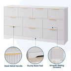 Cassettiera a 10 cassetti per camera da letto, cassettiera in legno da 149,86 cm con maniglie dorate, cassettiera grande scanalata, supporto TV, organizer per vestiti per camera da letto