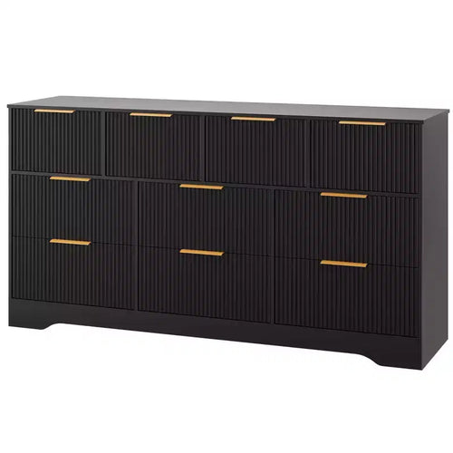 Cassettiera a 10 cassetti per camera da letto, cassettiera in legno da 149,86 cm con maniglie dorate, cassettiera grande scanalata, supporto TV, organizer per vestiti per camera da letto