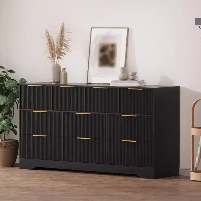 Cassettiera a 10 cassetti per camera da letto, cassettiera in legno da 149,86 cm con maniglie dorate, cassettiera grande scanalata, supporto TV, organizer per vestiti per camera da letto