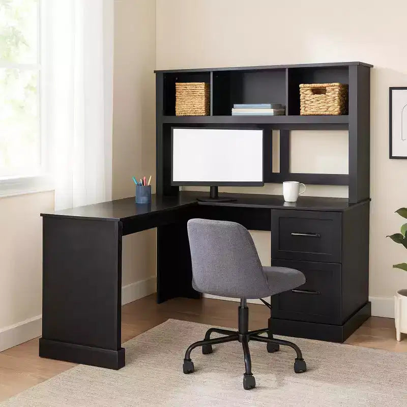 Scrivania angolare per computer Homy Casa con libreria e cassetti, workstation moderna per ufficio domestico, colore nero