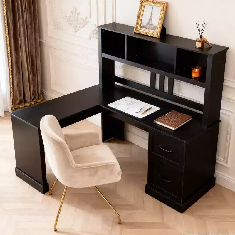 Scrivania angolare per computer Homy Casa con libreria e cassetti, workstation moderna per ufficio domestico, colore nero