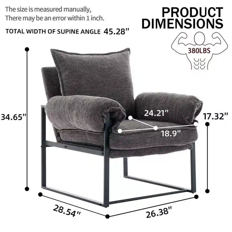 Poltrona Okak Modern Reclinabile con Schienale Imbottito in Ciniglia e Braccioli Regolabili, con Struttura in Metallo Nero, Poltrona Relax per Soggiorni, Aree Relax