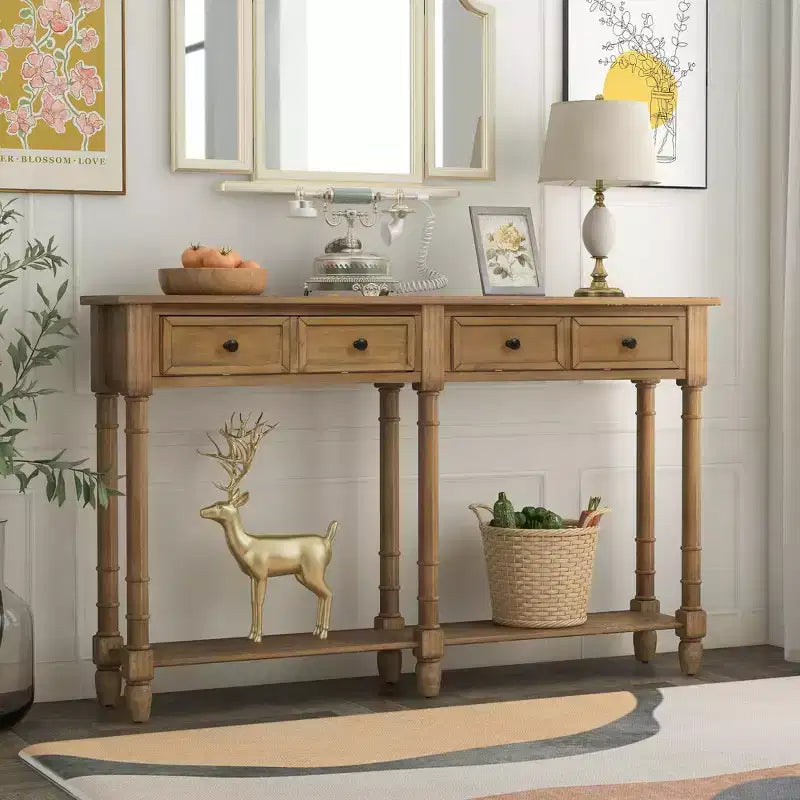 Okak 58IN Consolle Vintage Sottile, Tavolo d'Ingresso con Due Cassetti e Ripiano Inferiore, Tavolo d'Appoggio per Soggiorno, Corridoio