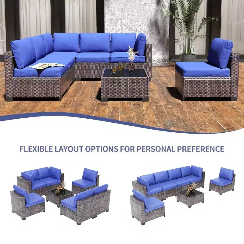 Set di mobili da esterno per patio da 7 pezzi - Divano componibile in vimini PE resistente alle intemperie con cuscini e tavolino da caffè in vetro, set modulare per soggiorno da 6 posti