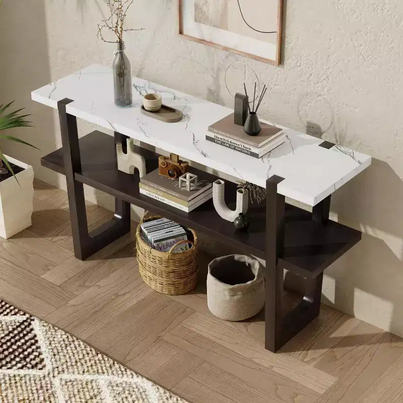 Consolle stretta Okak 54IN retrò, tavolo da ingresso con ripiano aperto e piano effetto marmo, tavolo da corridoio per soggiorno, atrio