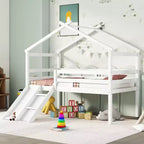 Okak 81.7IN Letto a soppalco basso per bambini con scivolo, letto singolo con scala, ringhiere di sicurezza e struttura a tetto a casetta, struttura letto per cameretta bambini