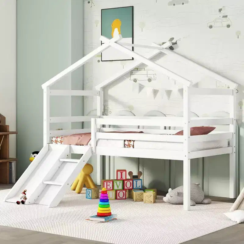 Okak 81.7IN Letto a soppalco basso per bambini con scivolo, letto singolo con scala, ringhiere di sicurezza e struttura a tetto a casetta, struttura letto per cameretta bambini