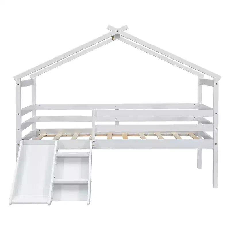 Okak 81.7IN Letto a soppalco basso per bambini con scivolo, letto singolo con scala, ringhiere di sicurezza e struttura a tetto a casetta, struttura letto per cameretta bambini