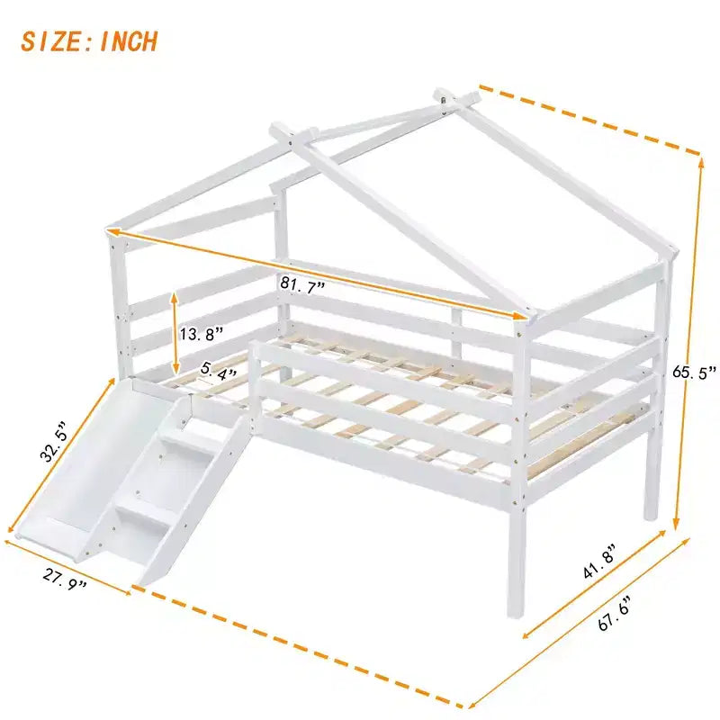 Okak 81.7IN Letto a soppalco basso per bambini con scivolo, letto singolo con scala, ringhiere di sicurezza e struttura a tetto a casetta, struttura letto per cameretta bambini