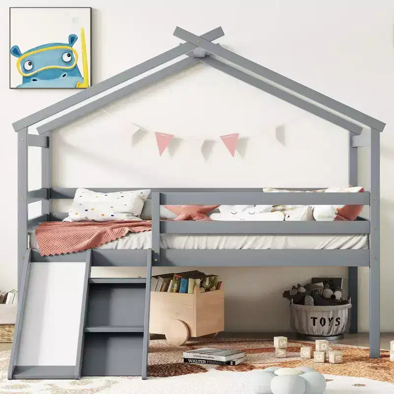 Okak 81.7IN Letto a soppalco basso per bambini con scivolo, letto singolo con scala, ringhiere di sicurezza e struttura a tetto a casetta, struttura letto per cameretta bambini