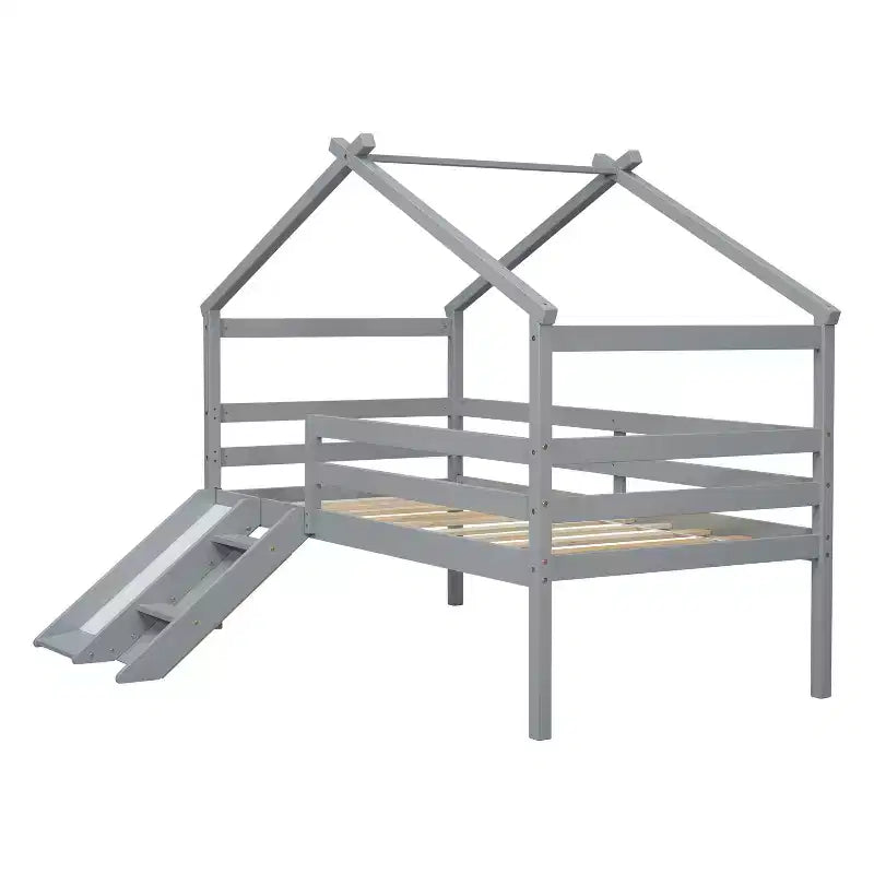 Okak 81.7IN Letto a soppalco basso per bambini con scivolo, letto singolo con scala, ringhiere di sicurezza e struttura a tetto a casetta, struttura letto per cameretta bambini