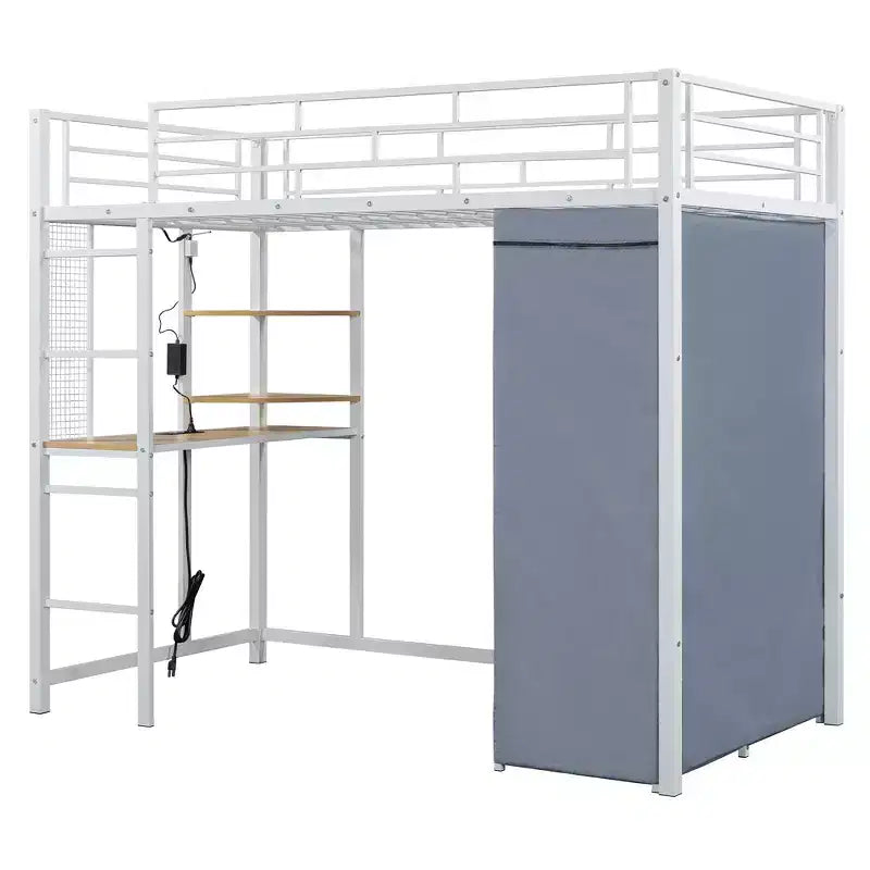 Okak 77.4IN Letto a soppalco in metallo matrimoniale/singolo con scrivania, struttura letto con ringhiere di sicurezza alte e armadio, letto singolo per camera da letto, dormitorio