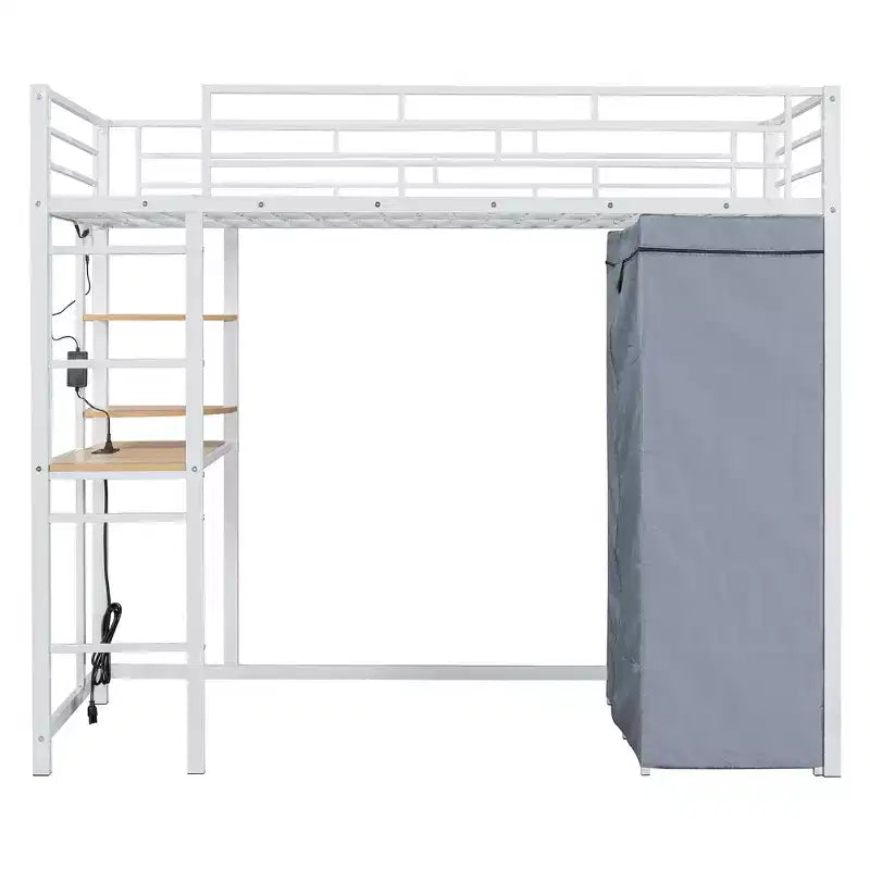 Okak 77.4IN Letto a soppalco in metallo matrimoniale/singolo con scrivania, struttura letto con ringhiere di sicurezza alte e armadio, letto singolo per camera da letto, dormitorio