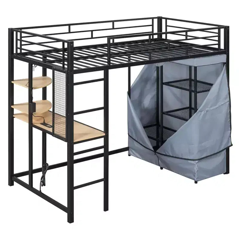 Okak 77.4IN Letto a soppalco in metallo matrimoniale/singolo con scrivania, struttura letto con ringhiere di sicurezza alte e armadio, letto singolo per camera da letto, dormitorio