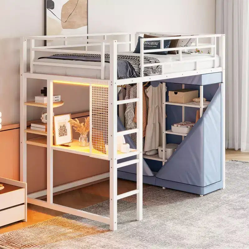 Okak 77.4IN Letto a soppalco in metallo matrimoniale/singolo con scrivania, struttura letto con ringhiere di sicurezza alte e armadio, letto singolo per camera da letto, dormitorio