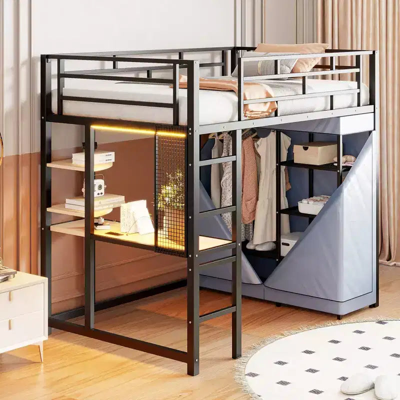 Okak 77.4IN Twin/Full Size Metal Loft Bed with Desk, Bed Frames with High Safety Guardrails and Wardrobe, Twin Bed for Bedroom, Dormitory