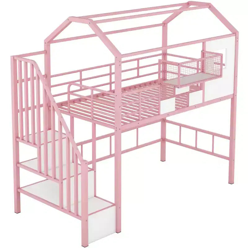 Okak Letto a soppalco in metallo 93.7IN con tetto a capanna, telaio letto con scaffali portaoggetti e cesto, letto singolo per soggiorno, camera da letto