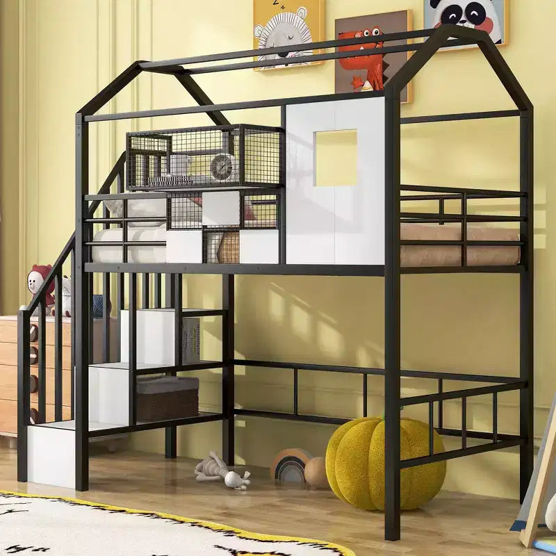 Okak Letto a soppalco in metallo 93.7IN con tetto a capanna, telaio letto con scaffali portaoggetti e cesto, letto singolo per soggiorno, camera da letto