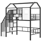 Okak Letto a soppalco in metallo 93.7IN con tetto a capanna, telaio letto con scaffali portaoggetti e cesto, letto singolo per soggiorno, camera da letto