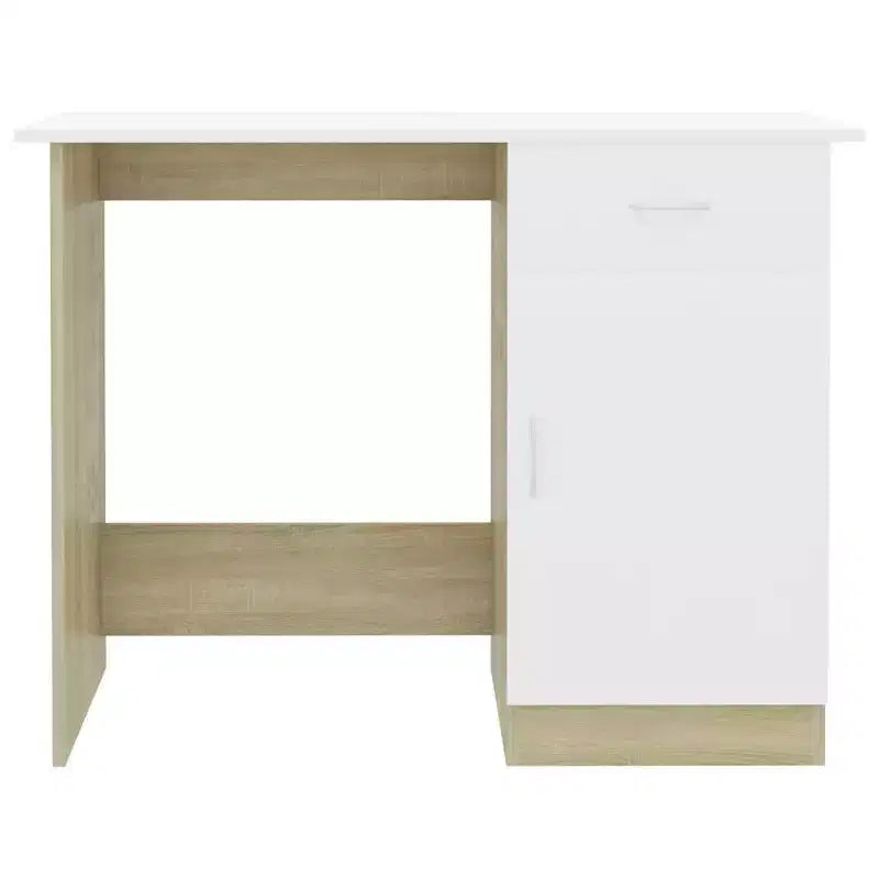 Scrivania media in legno multistrato bianco e rovere Sonoma