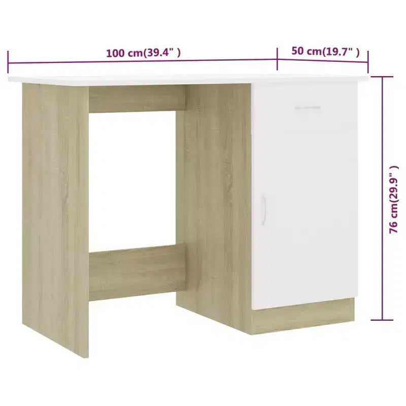 Scrivania media in legno multistrato bianco e rovere Sonoma