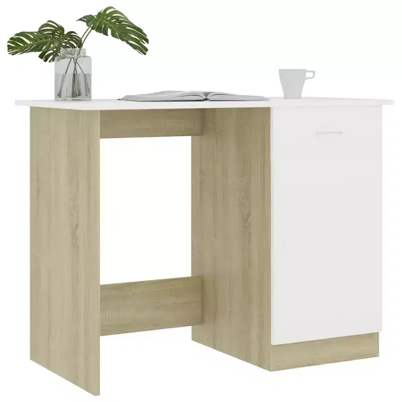 Scrivania media in legno multistrato bianco e rovere Sonoma