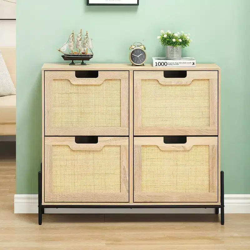 Scarpiera a 4 cassetti con ante in rattan e gambe in metallo, stile rustico, per ingresso/armadio
