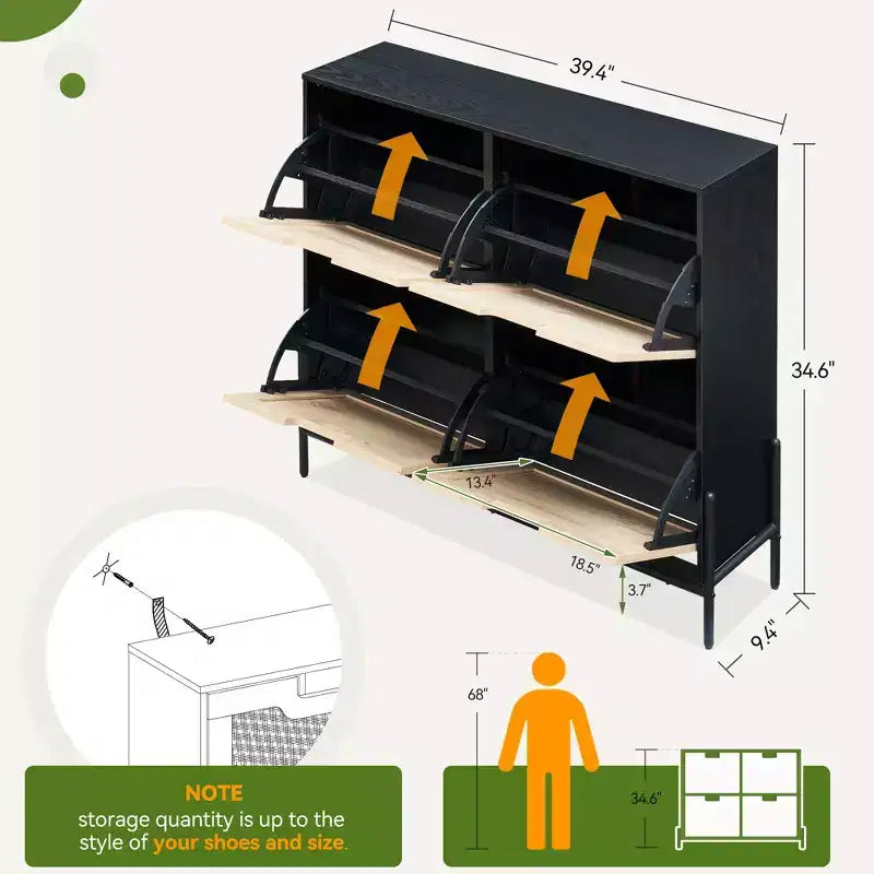 Scarpiera a 4 cassetti con ante in rattan e gambe in metallo, stile rustico, per ingresso/armadio