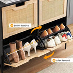 Scarpiera a 4 cassetti con ante in rattan e gambe in metallo, stile rustico, per ingresso/armadio