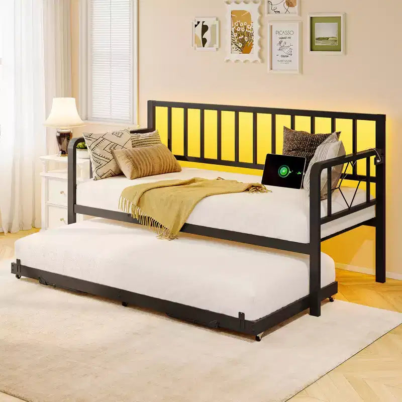AMERLIFE Divano Letto Singolo con Stazione di Ricarica e Luci a LED, Divano Letto con Letto Estraibile per Soggiorno, Camera da Letto, Camera degli Ospiti