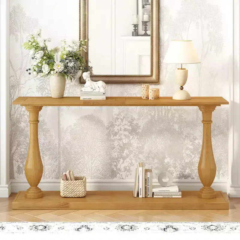 Okak 63IN Vintage Entryway Table with Pine Veneer, Console Table with Elegant Tapered Legs and Open Shelf, Hallway Table for Living Room, Natural