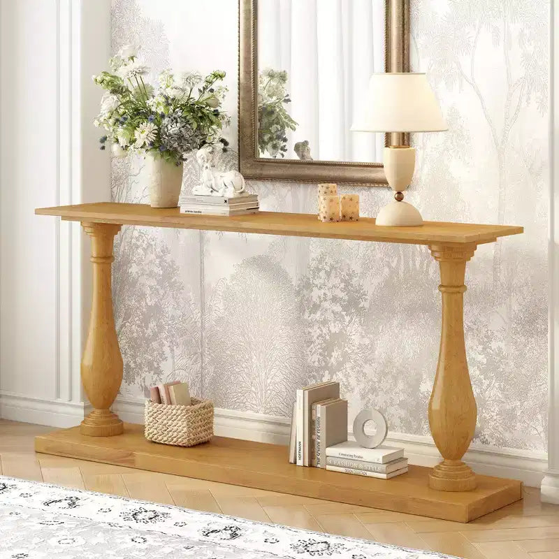 Tavolo da ingresso vintage Okak 63IN con impiallacciatura in pino, tavolo consolle con eleganti gambe affusolate e ripiano aperto, tavolo da corridoio per soggiorno, naturale