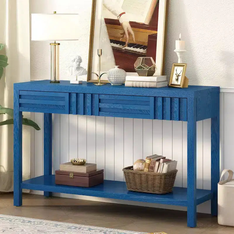 Okak 51.3IN Tavolo Consolle Moderno con Impiallacciatura in Frassino e Design a Strisce, Tavolo da Ingresso con 2 Cassetti, Tavolo da Corridoio per Soggiorno, Ingresso, Blu Navy