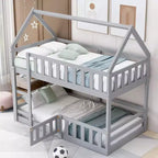 Letto a castello Okak 77IN per bambini con telaio a casetta, letto singolo con recinzione e porta, strutture letto per camera bambini, sala giochi, grigio