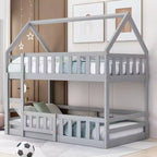 Letto a castello Okak 77IN per bambini con telaio a casetta, letto singolo con recinzione e porta, strutture letto per camera bambini, sala giochi, grigio