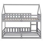 Letto a castello Okak 77IN per bambini con telaio a casetta, letto singolo con recinzione e porta, strutture letto per camera bambini, sala giochi, grigio