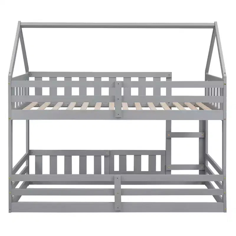 Letto a castello Okak 77IN per bambini con telaio a casetta, letto singolo con recinzione e porta, strutture letto per camera bambini, sala giochi, grigio