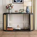 Okak 53.54IN Farmhouse Entryway Table with Hexagon Top Design, Console Table with Rattan Decorated Legs, Accent Table for Living Room, Foyer, Black